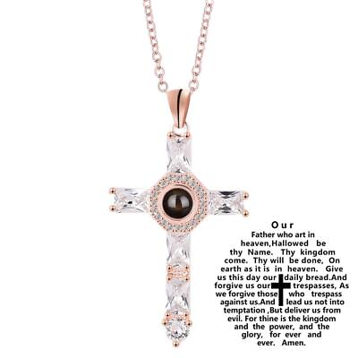 #ad Lords Prayer Engraved Crystal Cross Pendant Cross Projection Prayer Necklace $6.80