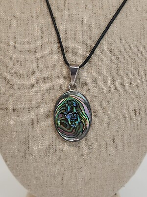 #ad 925 Sterling Silver Faux Abalone Pendant W Cord Necklace. $20.00