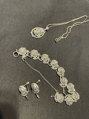 #ad Estate 3pc Sterling Rhodium Gold Plated Marcasite Rose Flower Jewelry Set $60.00