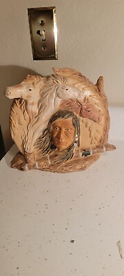 #ad CHIEF BUST WITH HEADS OF 3 HORSES CHALK SCULPTURE SIGNED $75.00