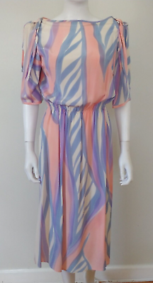 #ad 80s Vintage Pastel Silk Dynasty BOHO Bows Secretary Abstract Midi Puff dress M $54.00