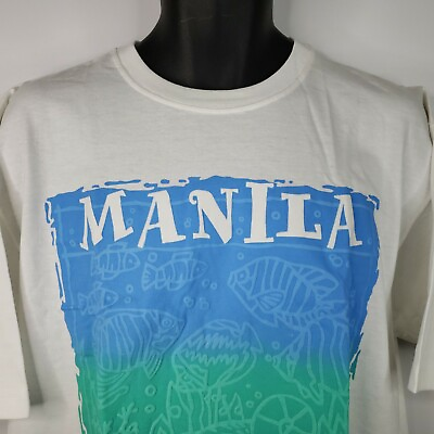 #ad Vintage 90s Manila T Shirt Mens XL White Neon Fish Tourist Puffy Paint Deadstock $19.46