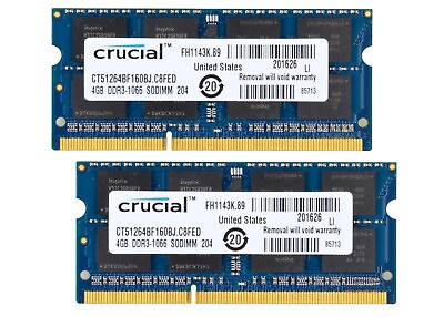 #ad Crucial 8GB 2x 4GB DDR3 PC3 8500 1066 MHz SODIMM Memory Ram Kit Laptop amp; MacBook $19.95