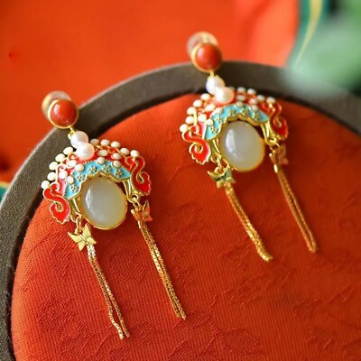 #ad Official Lady Earrings Hetian Yu Peking Opera Face Makeup Earrings Retro Jewelry $26.99