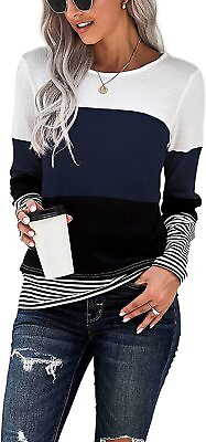 #ad KINGFEN Womens Long Sleeve Color Block Tops Striped Casual Crewneck T Shirts Waf $61.31