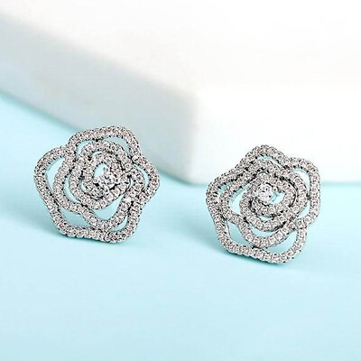 #ad 18k White Gold Flower Crystal CZ Earrings Stud Made With Swarovski Elements $9.99