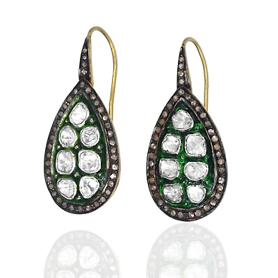 #ad 925 Sterling Silver Rhodium Green Enamel Natural Diamond Polki Womens Earrings $249.00