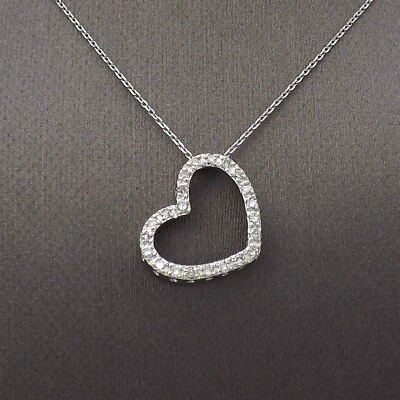 #ad 14k White Gold Diamond Open Heart Floating Pendant Necklace New 18in $312.55