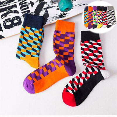 #ad Socks Mens Cotton Socks Bright Coloured Rich Funky Design One Size Stripes Plaid $6.42