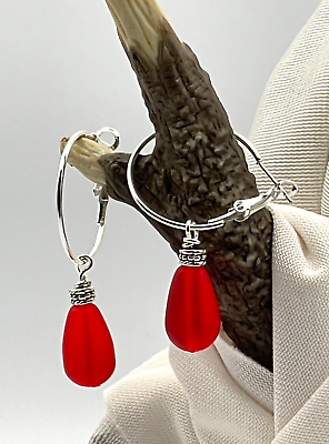 #ad Frosted Red Glass Teardrop Silver Lever back Hoop Dangle Drop Earrings 1 3 4quot; $8.99