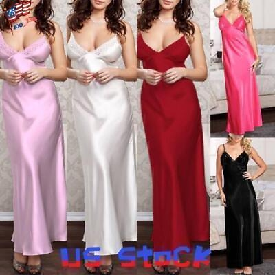 #ad Sexy Women Satin Silk Lace Robe Slip Dress Lingerie Long Sleepwear Nightdress US $12.99