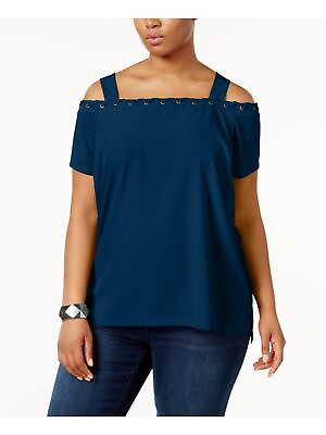#ad LOVE SCARLETT Womens Navy Laced grommets Short Sleeve Square Neck Top Plus 2X $7.99