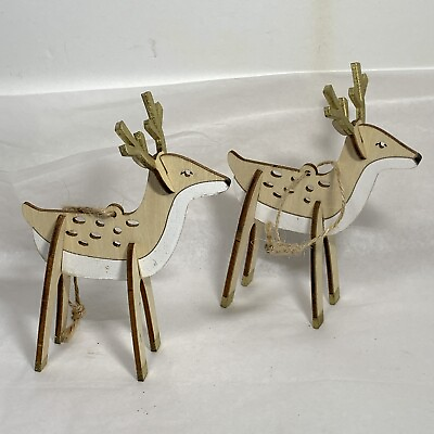 #ad 2 Piece Wood 3 D Christmas Deer Ornaments Rustic Farmhouse $13.95