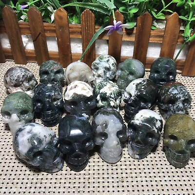 #ad 1pc natural Moss Agate carved skull statue decorate $16.03