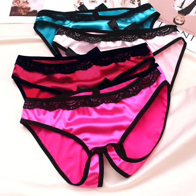 #ad Women Shiny Satin Panties Crotchless Underwear Thongs Lingerie G String Briefs $3.79