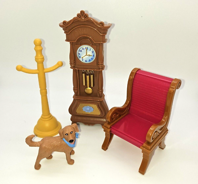 #ad Fisher Price Loving Family Dollhouse Furniture Grandfather Clock Chair Dog $14.95