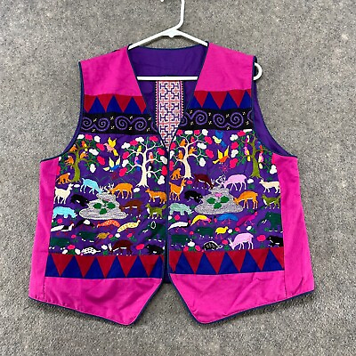 #ad Patchwork Vest Womens Large Pink Purple Handmade Quilted Animals Nature Geometry $8.96