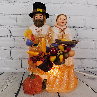#ad Thanksgiving Pilgrim Couple Blow Mold Lucite Fall Turkey Harvest Light Up 12.5quot; $49.97