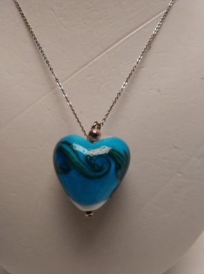 #ad 925 Sterling Silver Necklace Chain GLASS Heart Pendant 18 quot; $50 hippie $20.99