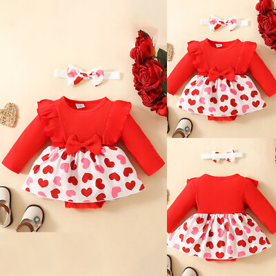 #ad Baby Girls Heart Print Romper Bodysuit Dress Skirt Headband Sets Outfits 2PCS $17.59