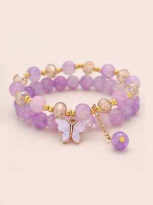 #ad 2pcs Butterfly Decor Purple Beaded Bracelet Boho Stylish Bead string Stretchy $6.32