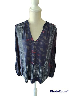 #ad Lucky Brand Women#x27;s Boho Embroidered Blue Long Sleeve Top Flowy Sleeve small $10.00
