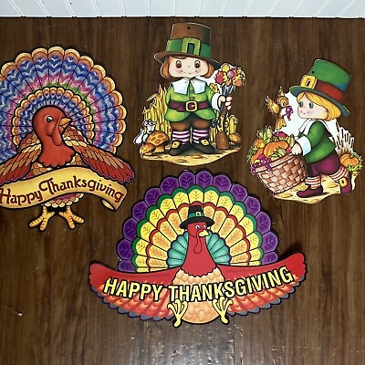#ad Vintage Thanksgiving Holiday Cardboard Die Cut Out Lot of 4 Pilgrim Feast Turkey $14.00