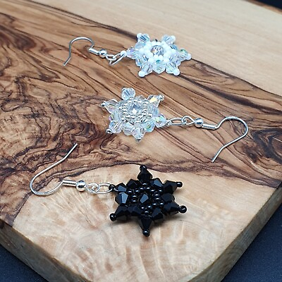 #ad Sparkling Beaded Snowflake Earrings Dangle Drop Crystal Handmade Sterling Silver GBP 8.17
