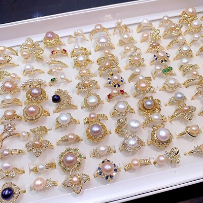 #ad Wholesale Mixed Lot 100PCS Pearl Open Adjustable Ring Zircon Plated Luxury Ring $180.99