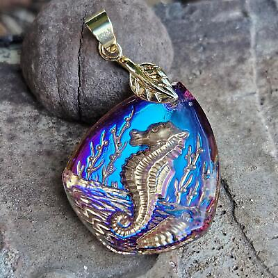 #ad Rare Vintage Iridescent Reverse Intaglio Seahorse Pendant Blue Gold Jewelry $25.00