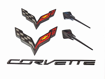 #ad 5X Set Fits 2014 2019 Corvette C7 Emblem Front Rear Stingray Cross Flags Black $45.99