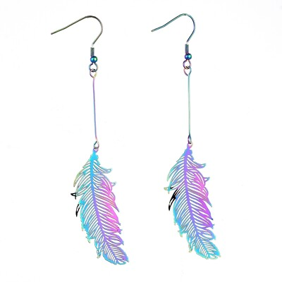 #ad 201 Stainless Steel Dangle Earrings Purple Electroplated Feather 98mm P154 $8.99
