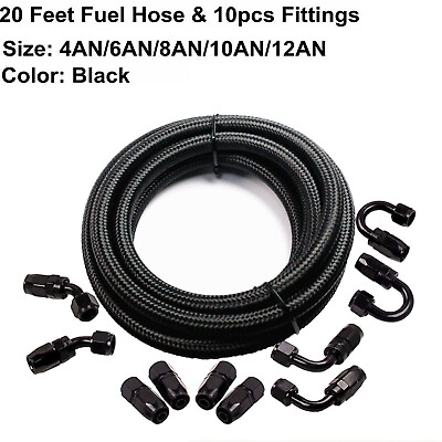 #ad 6AN 8AN 10AN Fitting Steel Nylon Braided Oil Fuel Line Swivel Hose End 20FT Kit $52.99