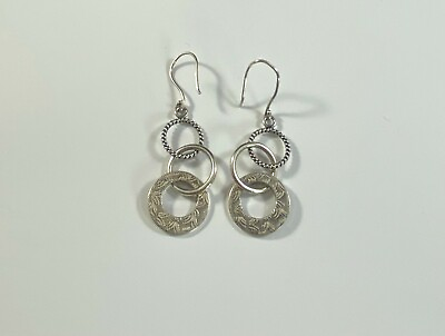 #ad 925 Triple Hoop Earrings Etched Dangle Drop Round Fine $31.50