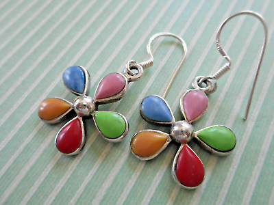 #ad Sally C Treasures Sterling Stone Petals Flower Dangle Earrings 29CC2 $44.00