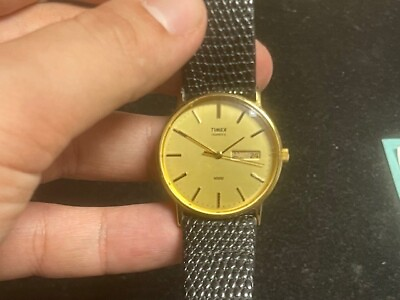 #ad Vintage Men#x27;s Timex Gold Tone Quartz Watch Day Date w Black Leather Band DS74 $25.00
