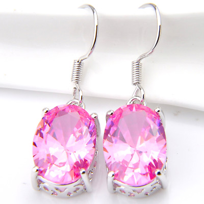 Holiday Gift Fire Oval Pink Topaz Gems Silver Dangle Hook Earrings $6.36