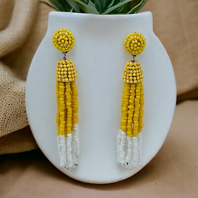 #ad Tassel Earrings Yellow Seed Bead White Fringe Dangle Statement Long Jewelry Post $12.00