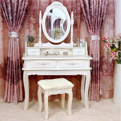 #ad White Vanity Makeup Dressing Table Set w Stool 4 Draweramp;Mirror Jewelry Wood Desk $112.99