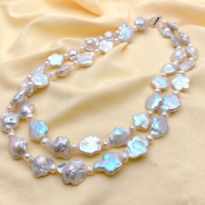 #ad 2 Strands Cultured Pearl Necklace Flower Shape Keshi Pearl Necklaces $49.99