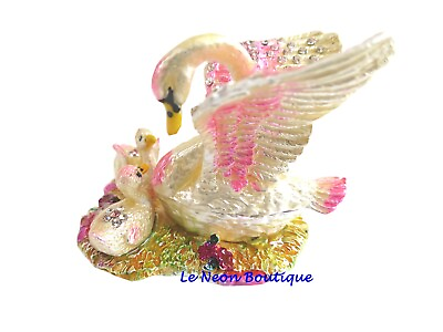 #ad Bejeweled Swan mom amp; babies Hinged Metal Enameled Rhinestone Trinket Box $22.00