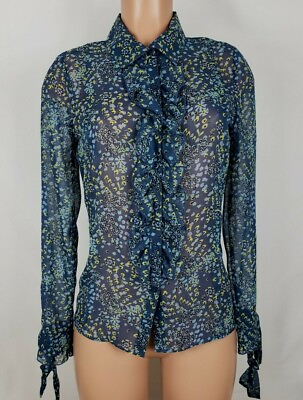 #ad Kristin Davis Women#x27;s Size XS Green Blue Blouse Floral Sheer LS Ruffle BF $12.96