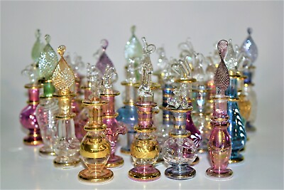 Mini Egyptian Hand blown Glass Perfume Bottles14 k Gold Trim 2 Inch Set of 5 $30.99
