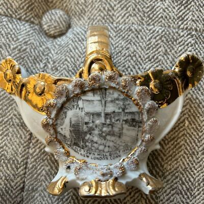 #ad Antique Porcelain Gold Gilt Old Town Mill Built 1650 New London Conn Vase $15.00