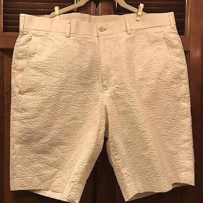 #ad Haspel Mens Size 34 Flat Front White Ivory Seersucker Shorts Vintage $18.00