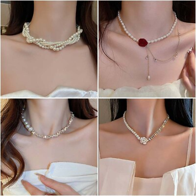 #ad #ad Camellia Flower Spliced Double Layer Pearl Necklace: Women#x27;s Collarbone Chain $9.65