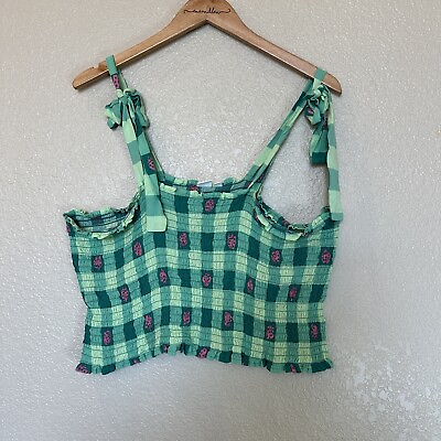 #ad BP. Cropped Tank Top Green Gingham Strawberries 2x Tie Straps Smocking $12.00