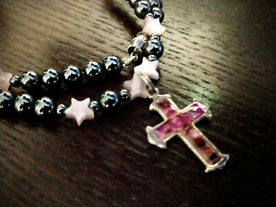 Unique amp; Modern Necklace Rosary Hematite Beads with Pink Stars Cross $13.50
