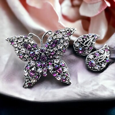 #ad #ad High End Vintage Purple Rhinestone Butterfly Set Brooch Earrings Stunning $79.00