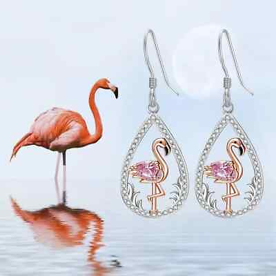 #ad Cute Pink Flamingo Decor Waterdrop Earrings Women Girls Birthday Gift Silvery $9.98